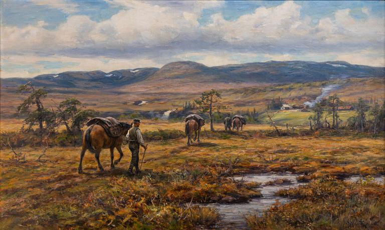Johan Tirén, Mountain landscape with horses and a farm.