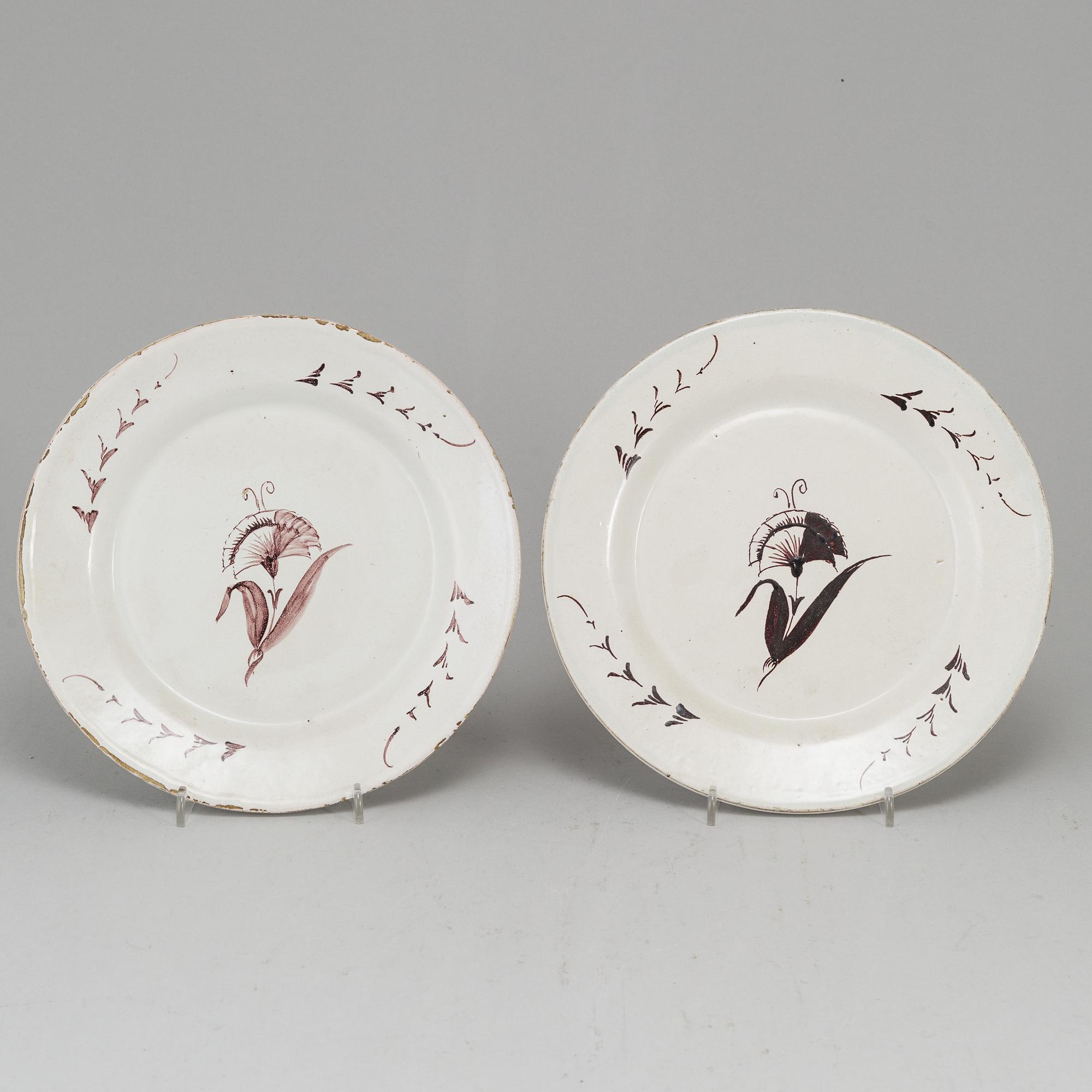 A Swedish faience serving dish and six plates, 18th Century.