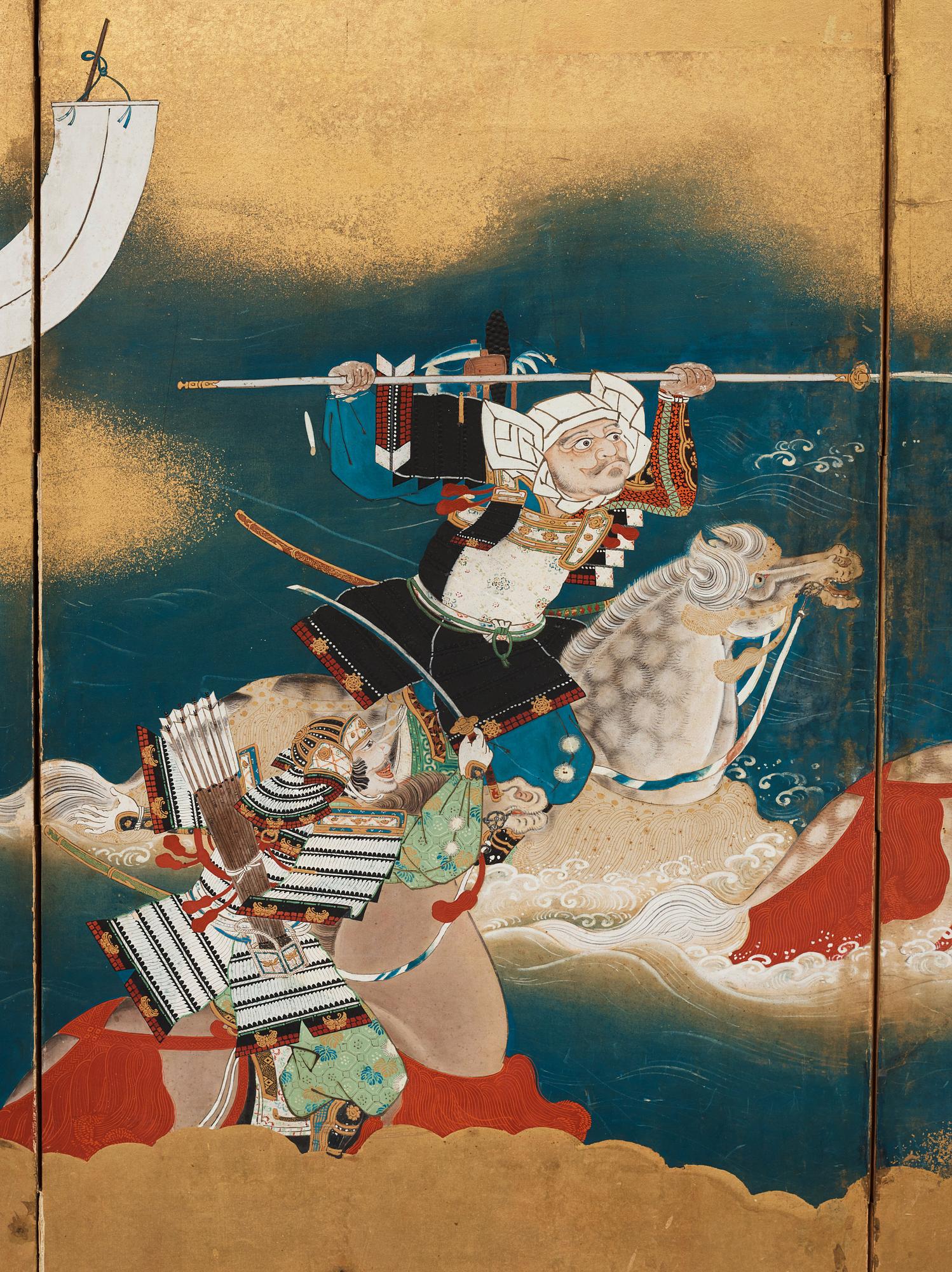 Vikskärm, sex delar. Japan, Edo. Signerad.