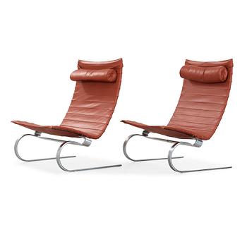 50. Poul Kjaerholm, a pair of 'PK-20' steel and brown leather easy chairs, Fritz Hansen, Denmark 1990.