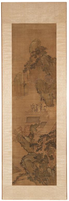 Rullmålning, färg och tusch på siden lagt på papper. Signed Qiu Ying (1494-1551), troligen efter/senare.