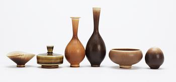 A set of six Berndt Friberg stoneware miniatures, Gustavsberg 1960's.