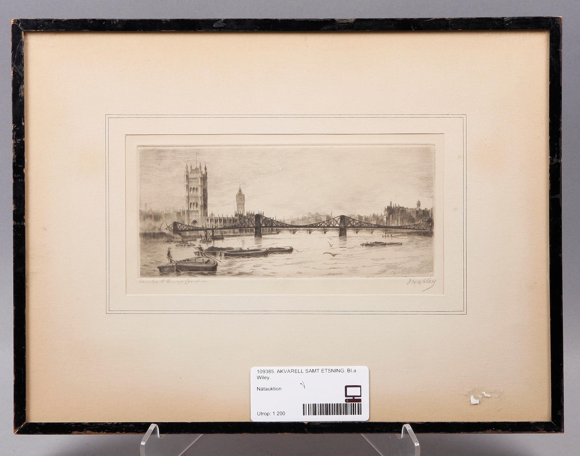 AKVARELL SAMT ETSNING. Bl.a J H Wiley. 1900-tal.