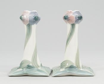 A pair of porcelain art nouveau candlesticks, Rörstrand circa 1900-1905.