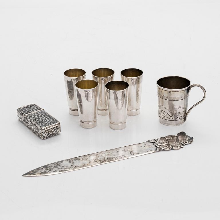 Five silver beakers, maker's mark of  P.J. Silventoinen, and a box, cup and letter opener, Russia, France and Finland.
