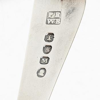 A pair of 18th century silver sauce boats, Richard William, Ireland, spoons, Peter & William Bateman, London 1807.