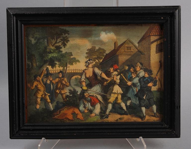 WILLIAM HOGARTH, efter, gravyrer, 9 st, handkolorerade, England 1700/1800.