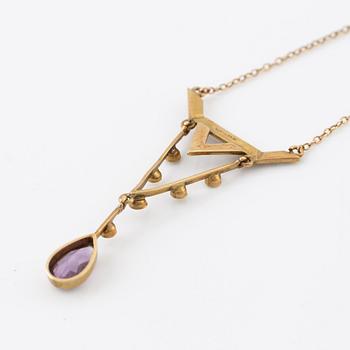 Necklace, 14K gold with amethyst and seed pearls.