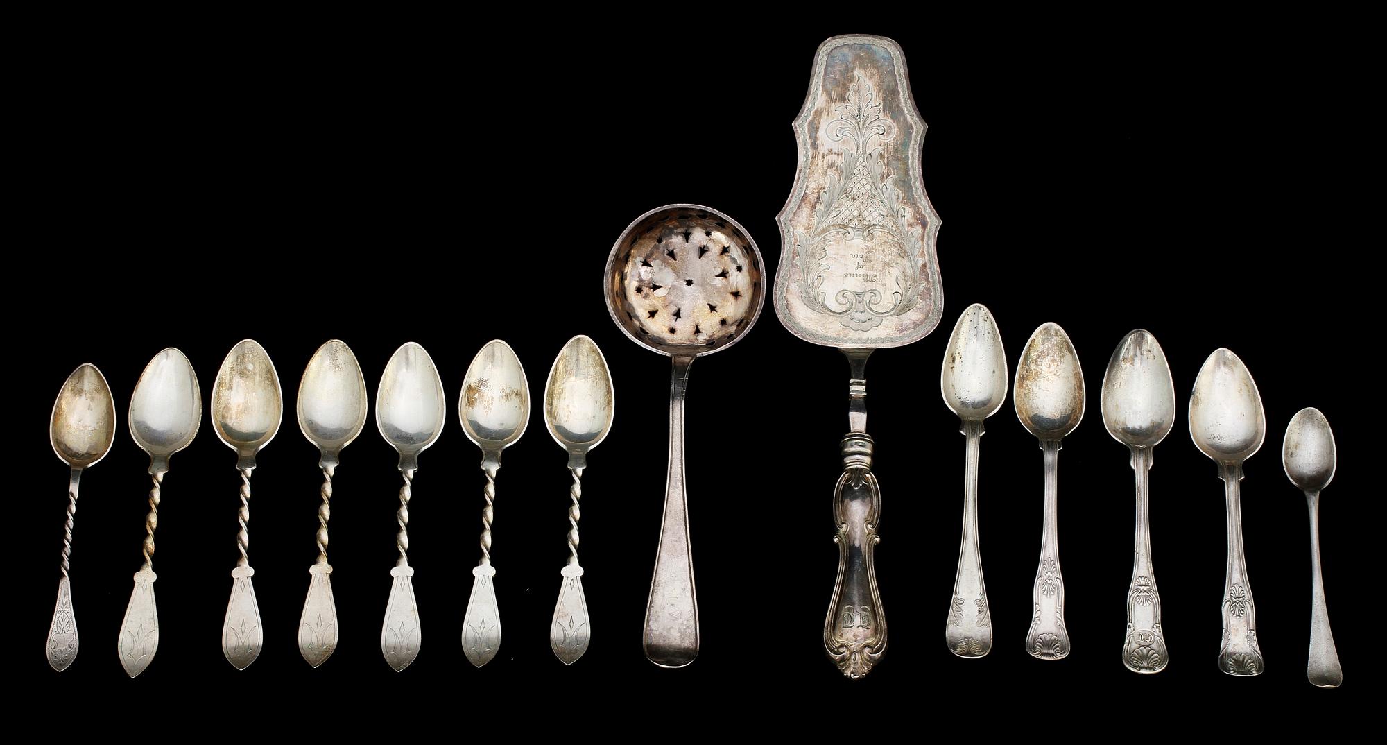 PARTI BESTICK, 14 st, silver, 1700-1900-tal. Vikt 340 g.