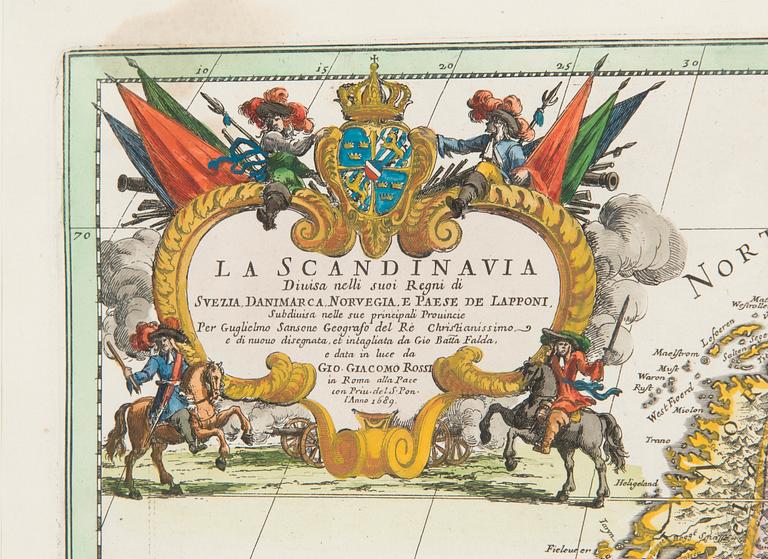 Karta, La Scandinavia, handkolorerat, kopparstick, Giacomo Rossi 1689.