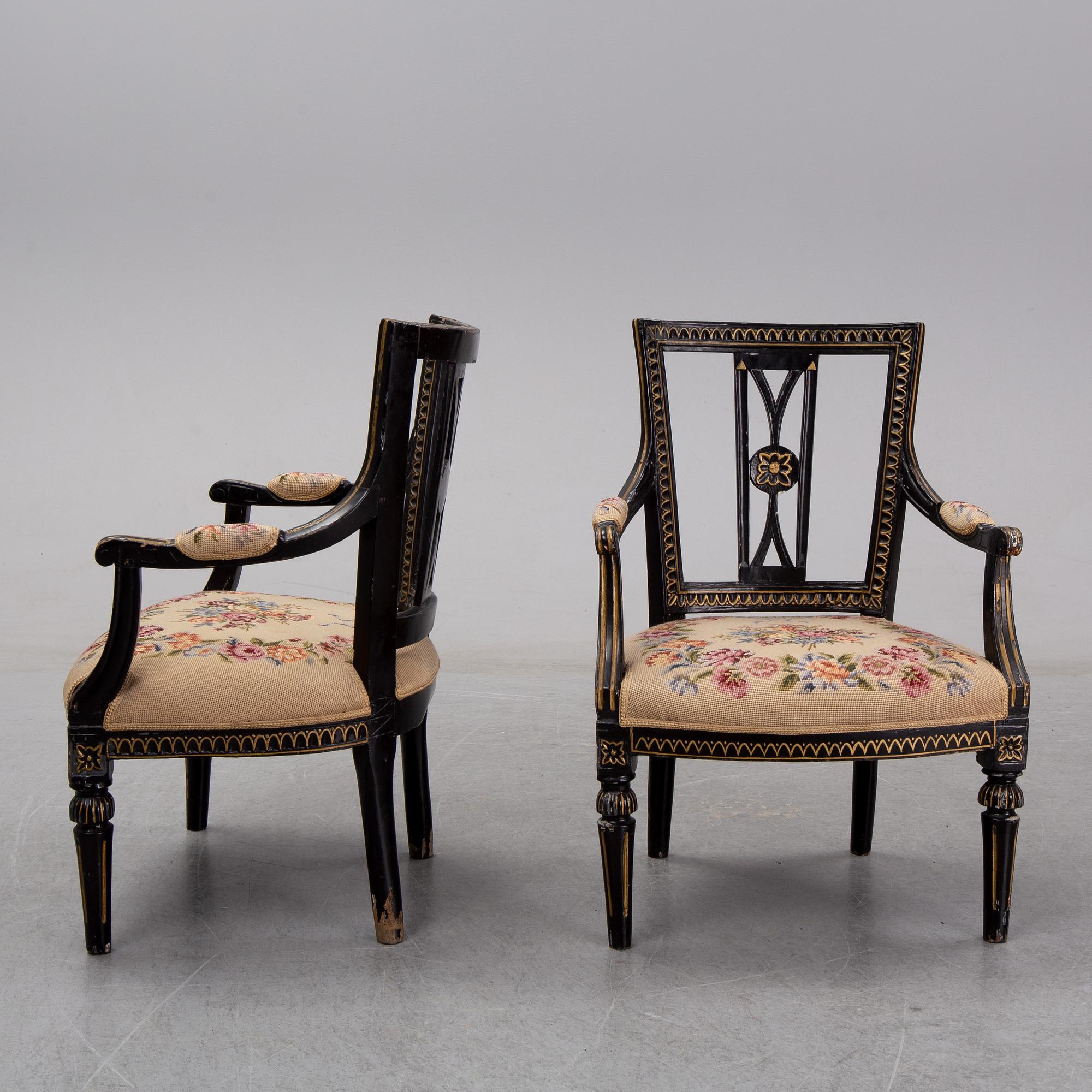 A pair of gustavian armchairs and a pair of gustavian chairs, ca 1800.