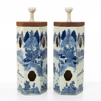 A pair of blue and white lanterns/table lamps, China, circa 1900.