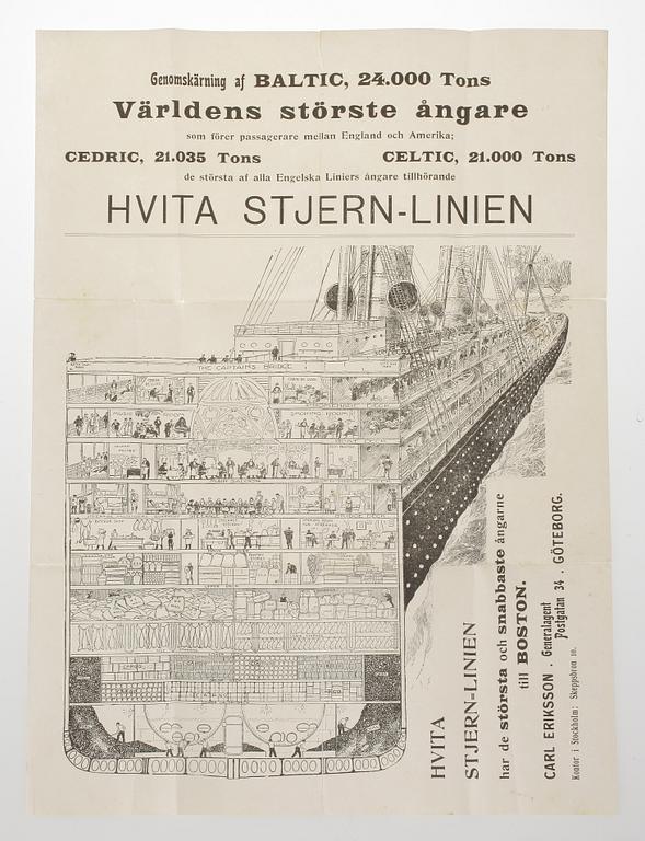 BROSCHYR. "HVITA STJERN LINIEN", "WHITE STAR LINE", Generalagent Carl Eriksson, Göteborgs Litografiska Aktiebolag, 1907.