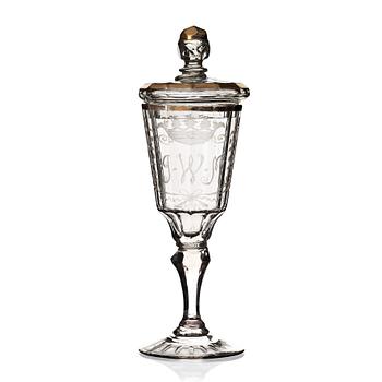 240. A Geman cut glass goblet with cover, 18th Century.