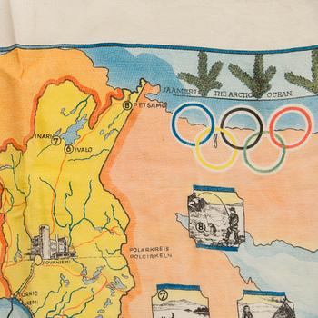 Sidenduk, 1 st,  pins, 4 st, och tygetikett, Helsingfors sommar-OS 1940.