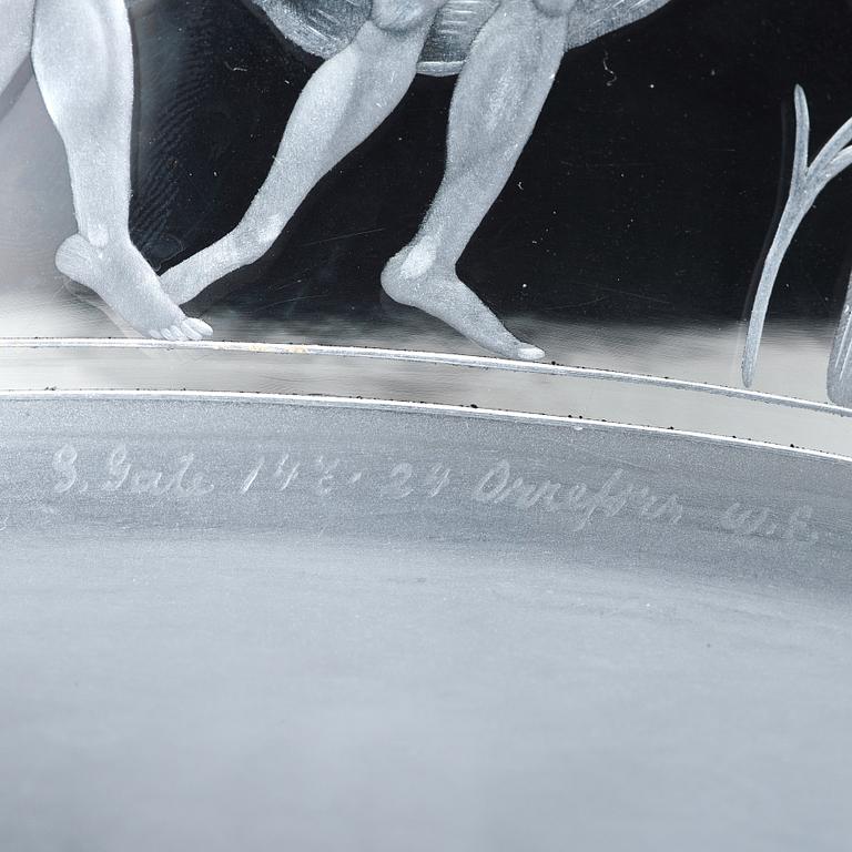 Simon Gate, an engraved glass bowl and stand, Orrefors, Sweden  1924, model 147.
