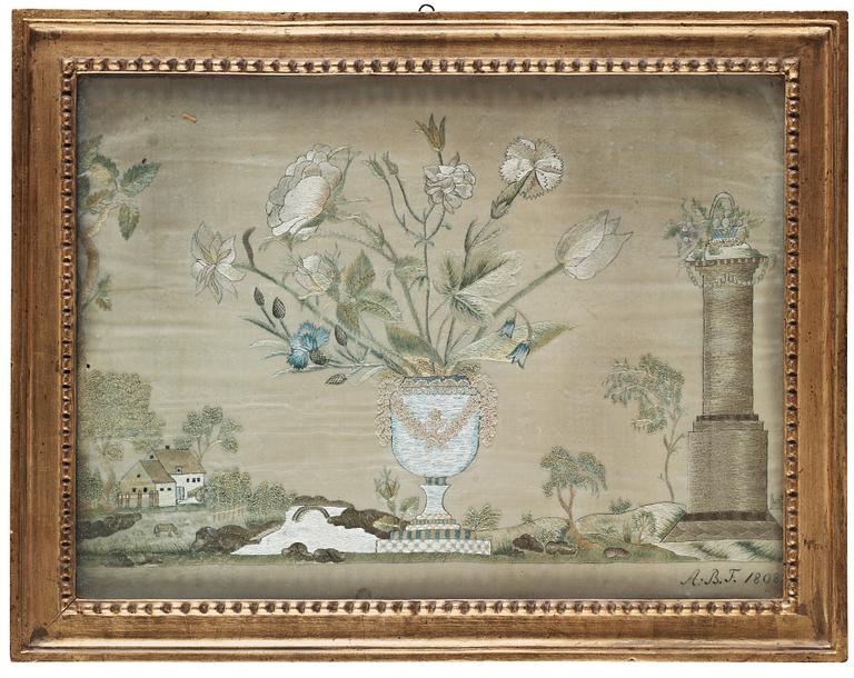BRODERAD TAVLA. Sverige 1808. 34,5 x 46,5 cm, med samtida ram 43 x 55 cm.