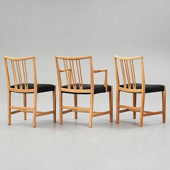 HANS J WEGNER, a set of 3 chairs + an exhibition poster, Denmark, 1940's.