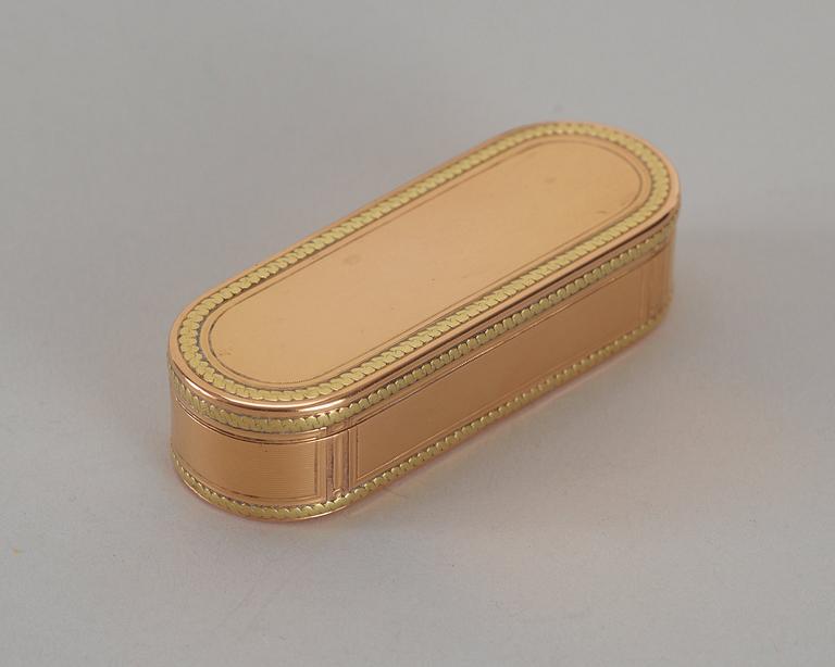 A Swedish 18th century gold snuff-box, makers mark of Friedrich Fyrwald, Stockholm 1791.
