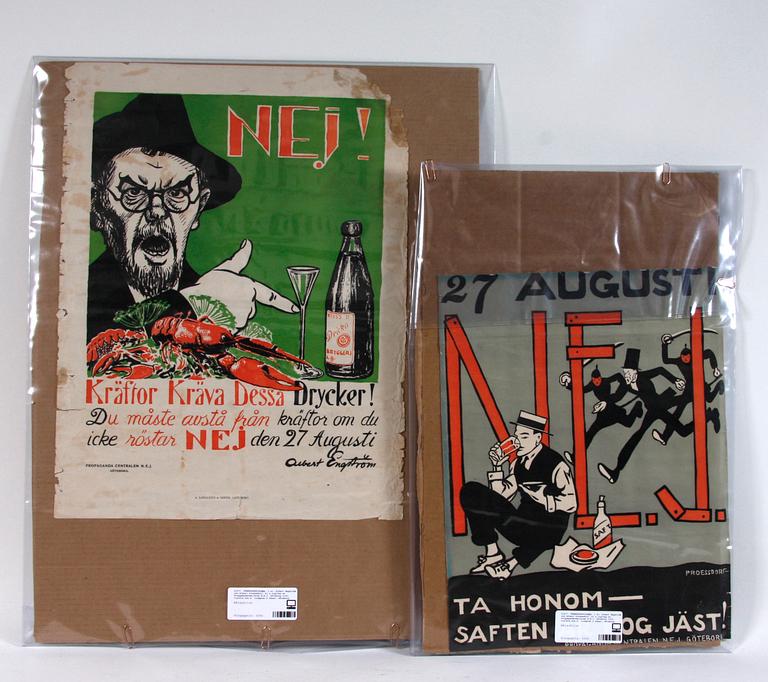 FÖRBUDSAFFISCHER, 3 st, Albert Engström och Albert Proessdorf, bl a utgivna av Propagandacentralen N.E.J, Göteborg 1922, tryckta hos A. Lindgren & Söner, Göteborg.