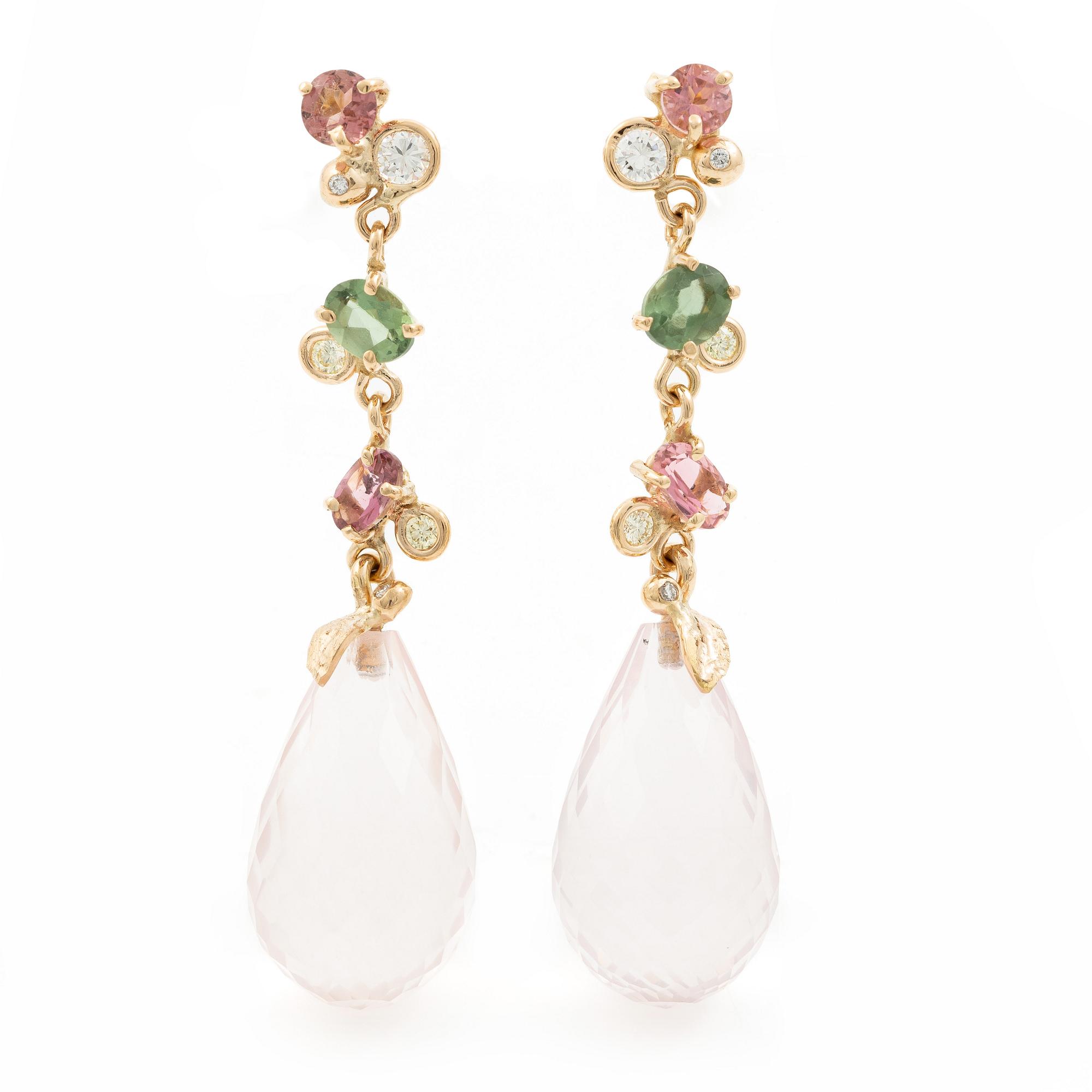Earrings, Mandelstam, 18K gold with briolette-cut pink quartz, brilliant-cut diamonds, and pink and green tourmalines.