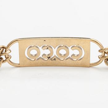 Chanel, A gold coloured metal chain belt with pink stones. Marked "CHANEL 02 CC P MADE IN ITALY".