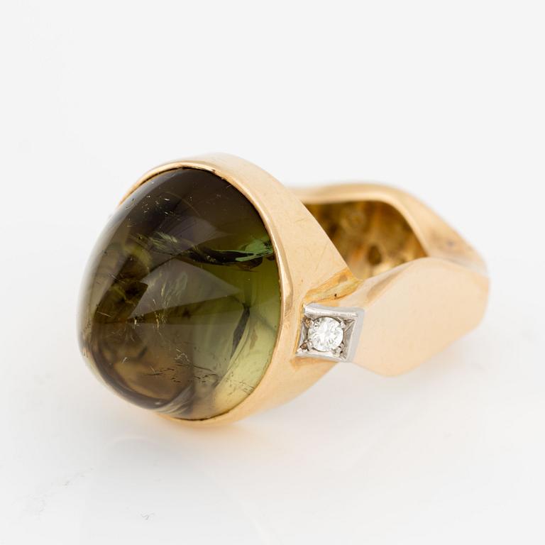 Ring, Hans Scherlund, 18K gold with cabochon-cut tourmaline and brilliant-cut diamonds.