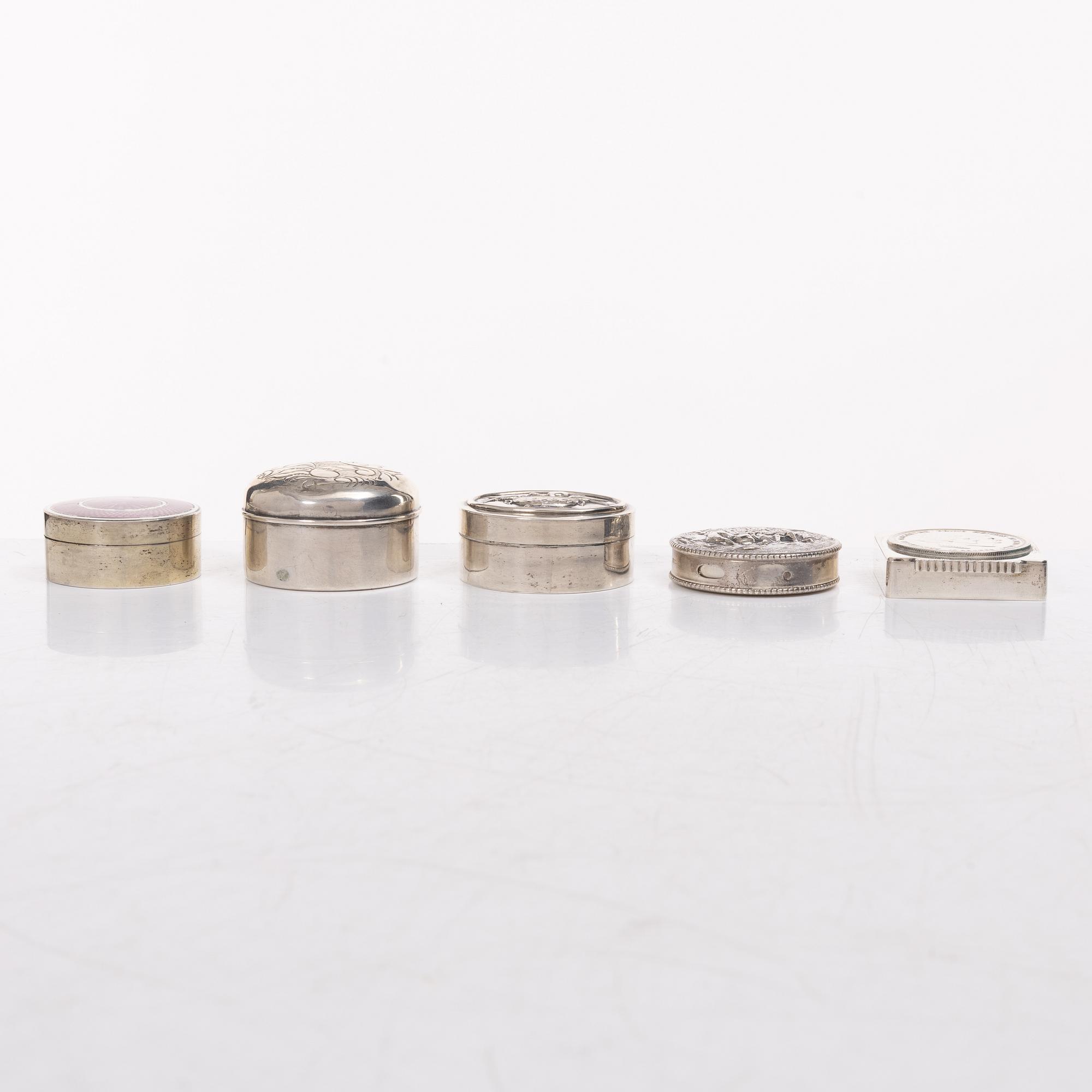 Seven silver boxes and cigarette cases, including with mark of Carl Fredrik Hultbom, Stockholm 1841.