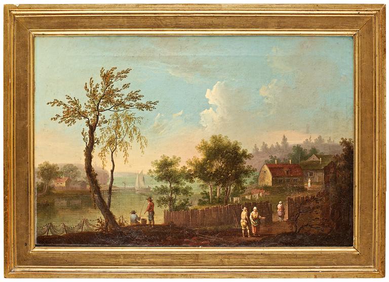 Anders Holm Tillskrivna, Insjölandskap med figurer, båtar och byggnader.