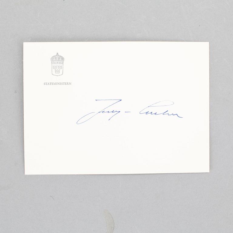 SVENSKA STATSMINISTRARS AUTOGRAFER, 7 st, från Olof Palme till Fredrik Reinfeldt. 1976-2007.