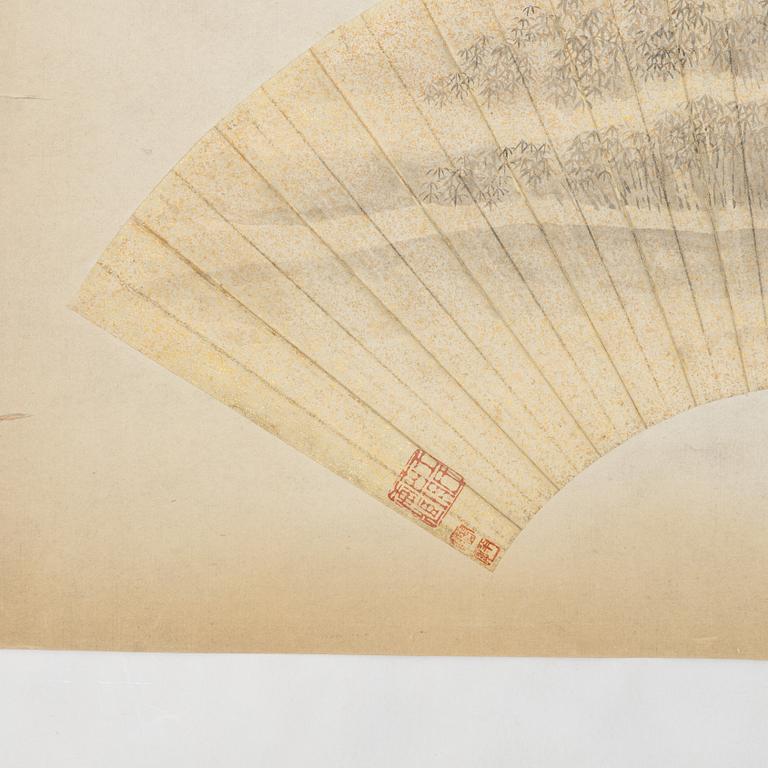 Oidentifierad konstnär, s.k. "Solfjädersmålning", Figur i bambuskog, Kina, 1900-tal.