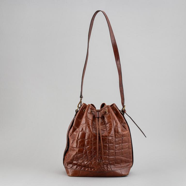 MULBERRY, a leather drawstring bag.