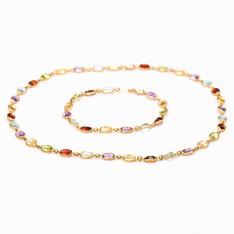 HALSBAND och ARMBAND, 18K guld, granater, peridoter, topaser, citriner och ametister. Le-Gi, Italien.
