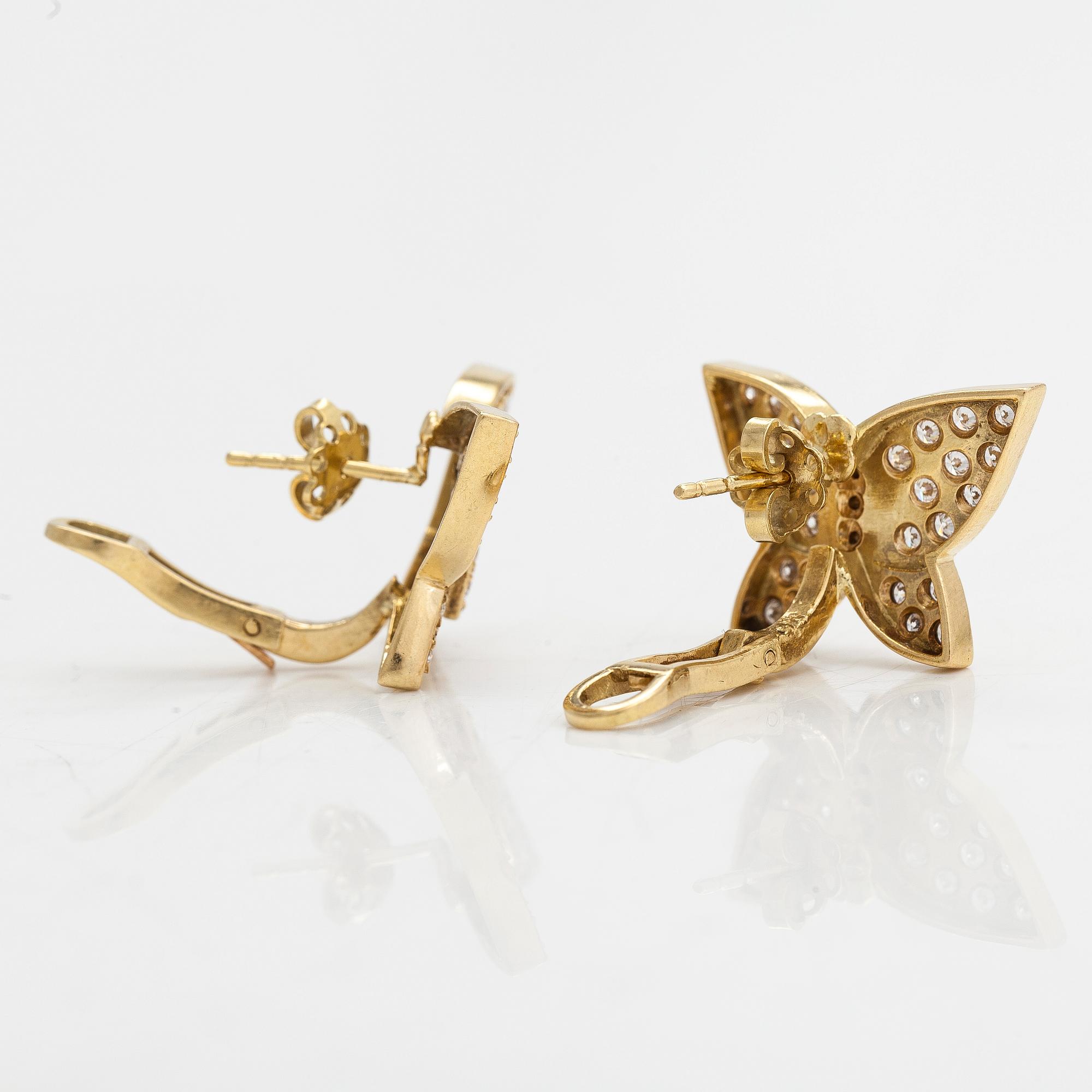 A pair of 18K gold butterfly earrings, set with brilliant-cut diamonds approximately 1.92 ct in total.