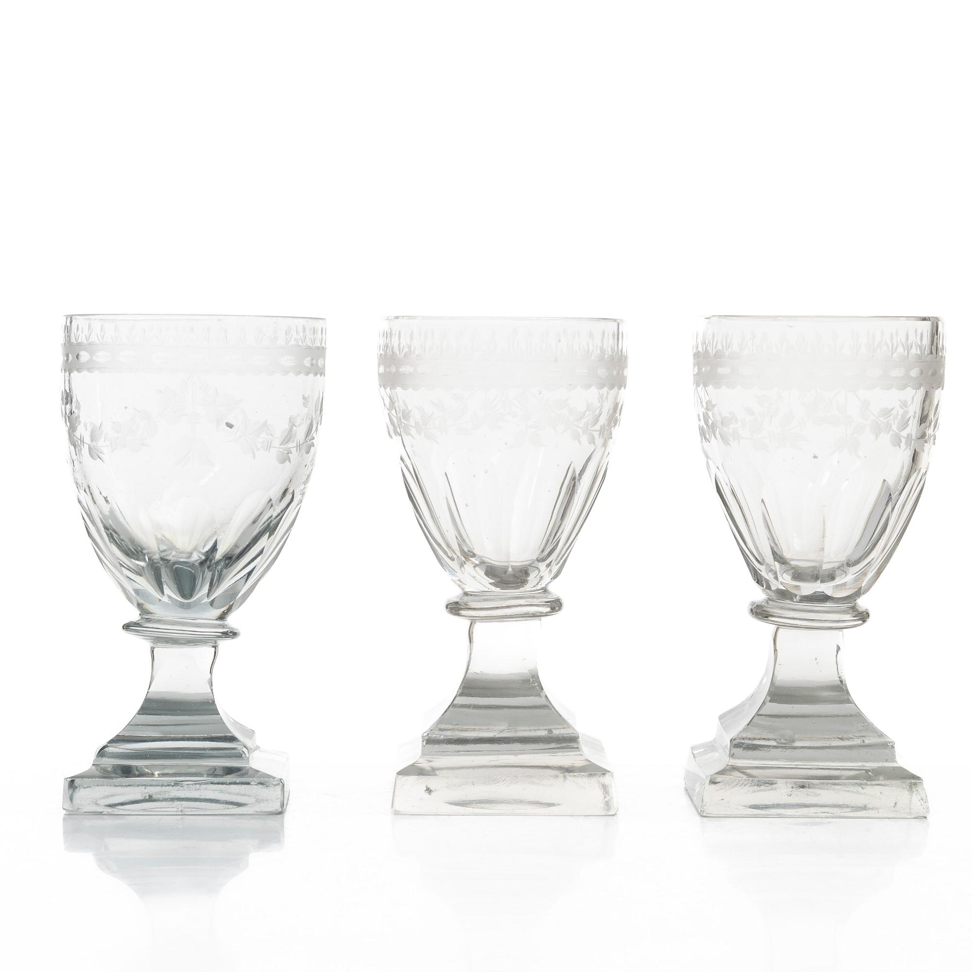 A set of seven Gustavian wine glasses, Sweden, late 18th century.