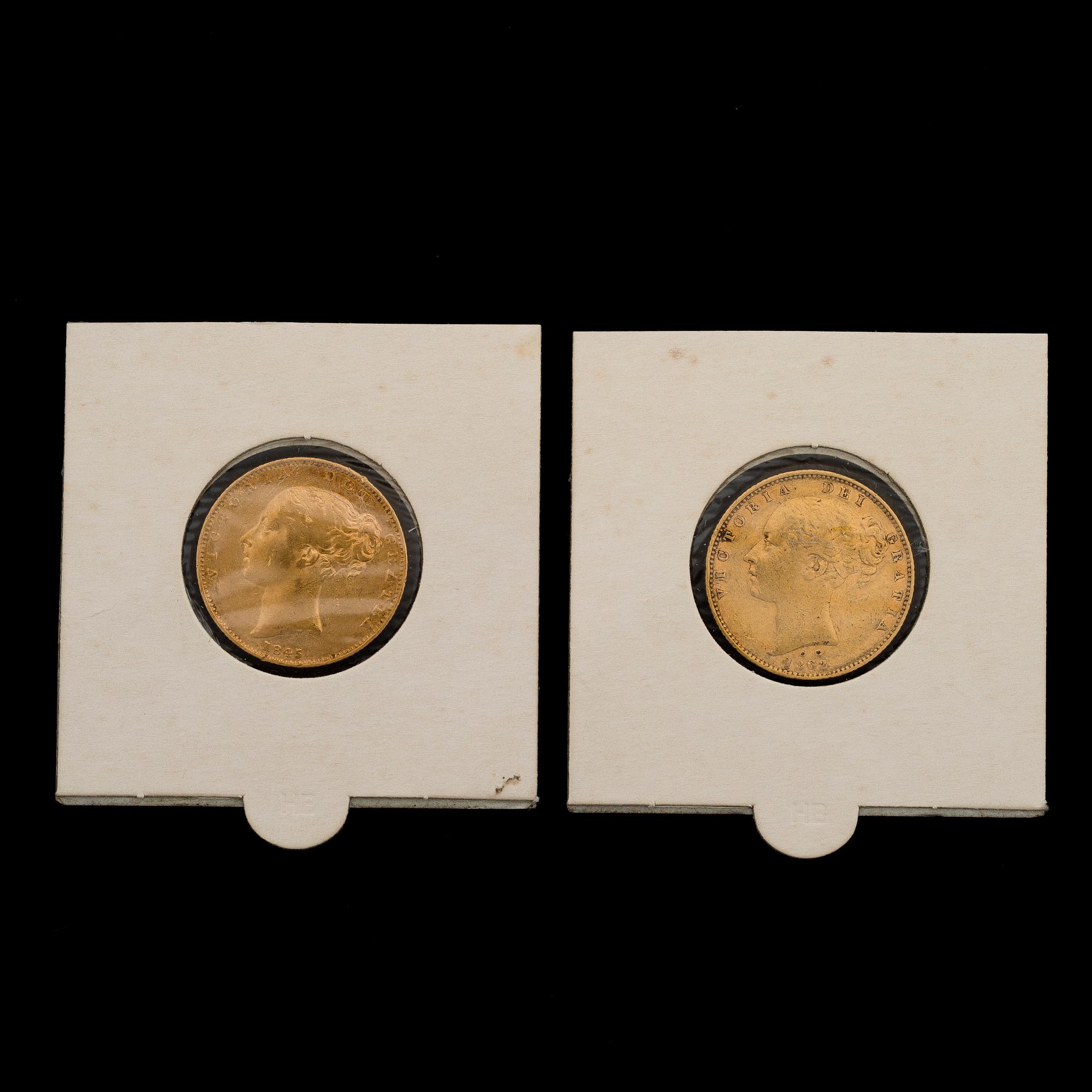 GULDMYNT, 2 st, Victoria Young Head Shield Sovereign-mynt, 1845 och 1862.