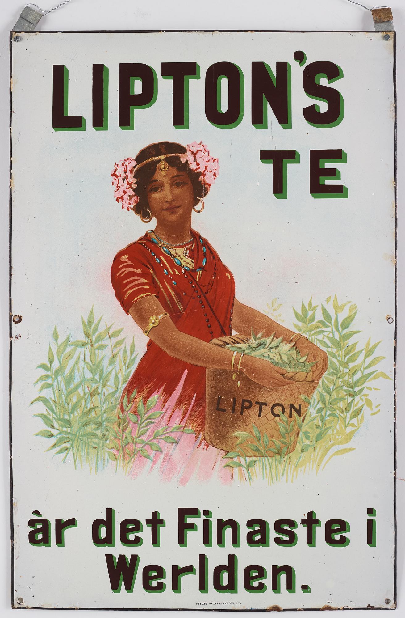 Skylt, emalj, "Lipton's te àr det Finaste i Werlden", Chromo Wolverhampton, England, tidigt 1900-tal.
