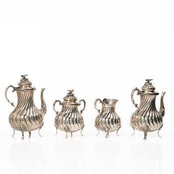 Tea/coffee service, 4 pieces, silver, Rococo style, 20th century.