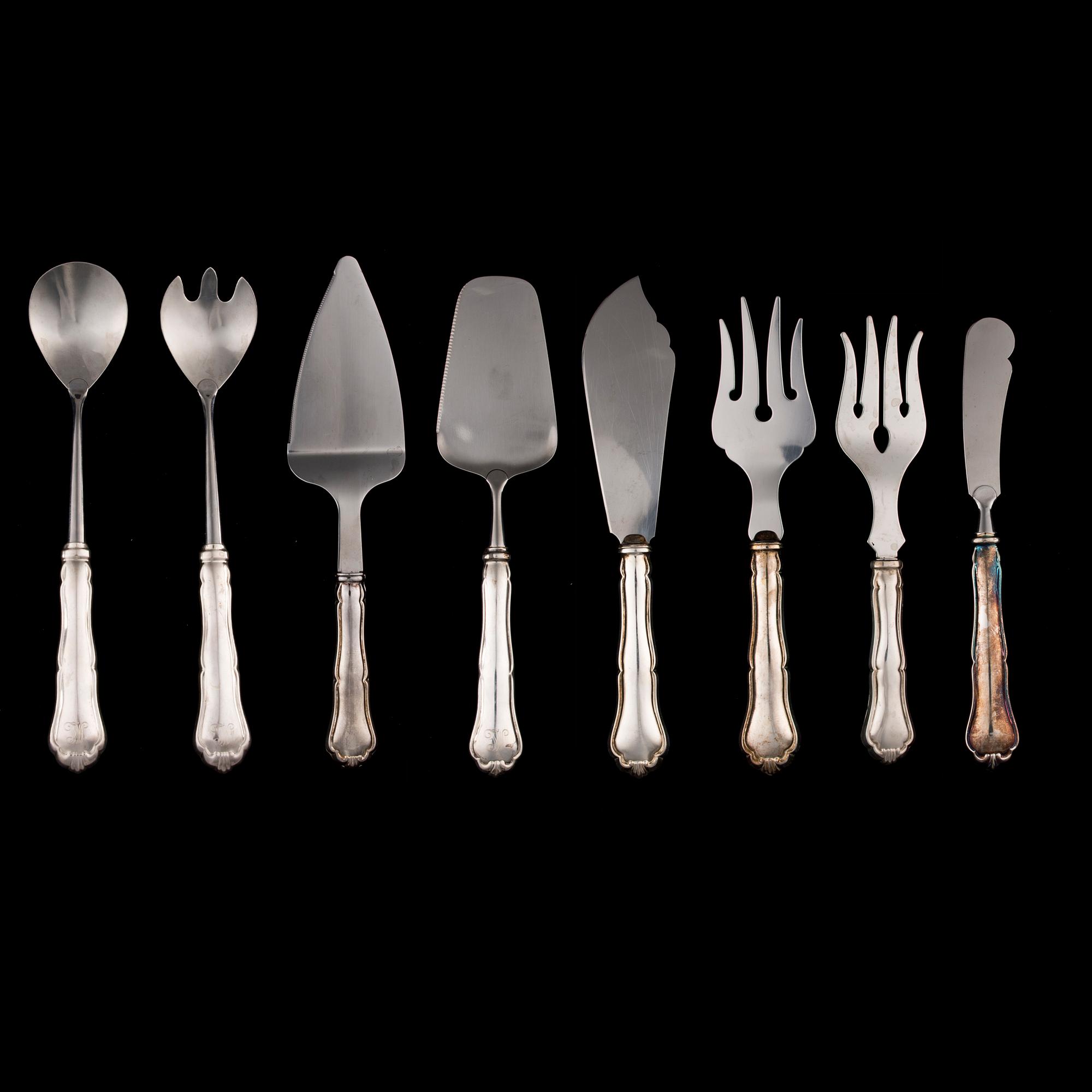 SERVERINGSBESTICK, 8 delar, silver, "Chippendale", bär diverse finska tillverkarstämplar, 1991-2013.