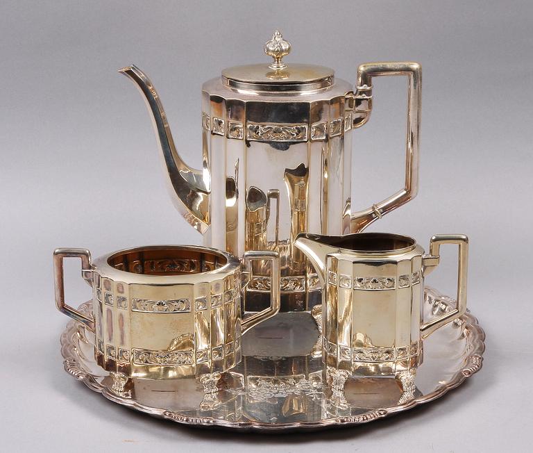 KAFFESERVIS, 3 delar, nysilver, CG Hallberg, Stockholm, 1900-talets första hälft.