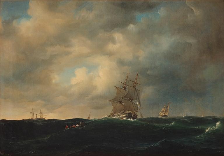 Marcus Larsson, ”Sjöstycke”. Marin med segelfartyg, ångbåt och figurer i roddbåt.