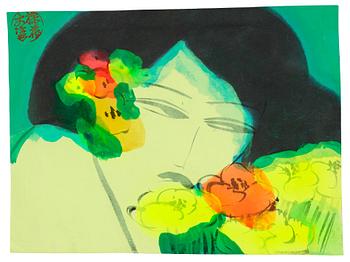 332. An ink and watercolour of a woman with flowers by Walasse Ting (1920-2010).
