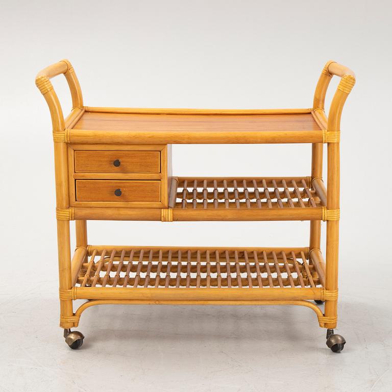 A rattan and bamboo serving trolley, second half of the 20th century.