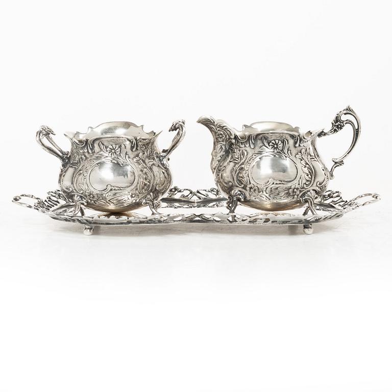 Gewe Silvervarufabriken Ab, cream jug, sugar bowl and tray, silver, Rococo style, Malmö 1968–1976.