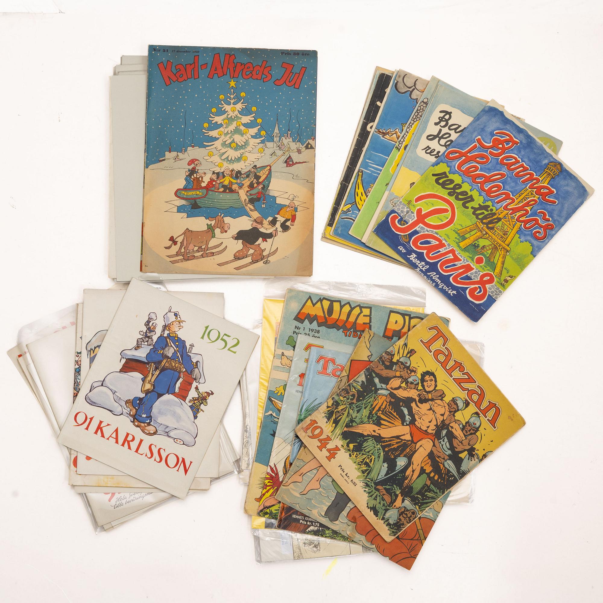 Comic books, a collection, including "Barna Hedenhös", "Fantomen", "Musse Pigg tidningen" & "91:an Karlsson".