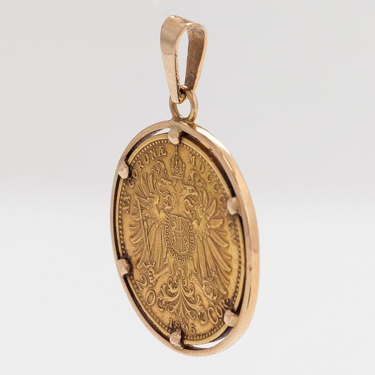 A ca 21K (.900) and 14K gold coin pendant, Franz Joseph I, Austria-Hungary, 1895. 20 Corona.