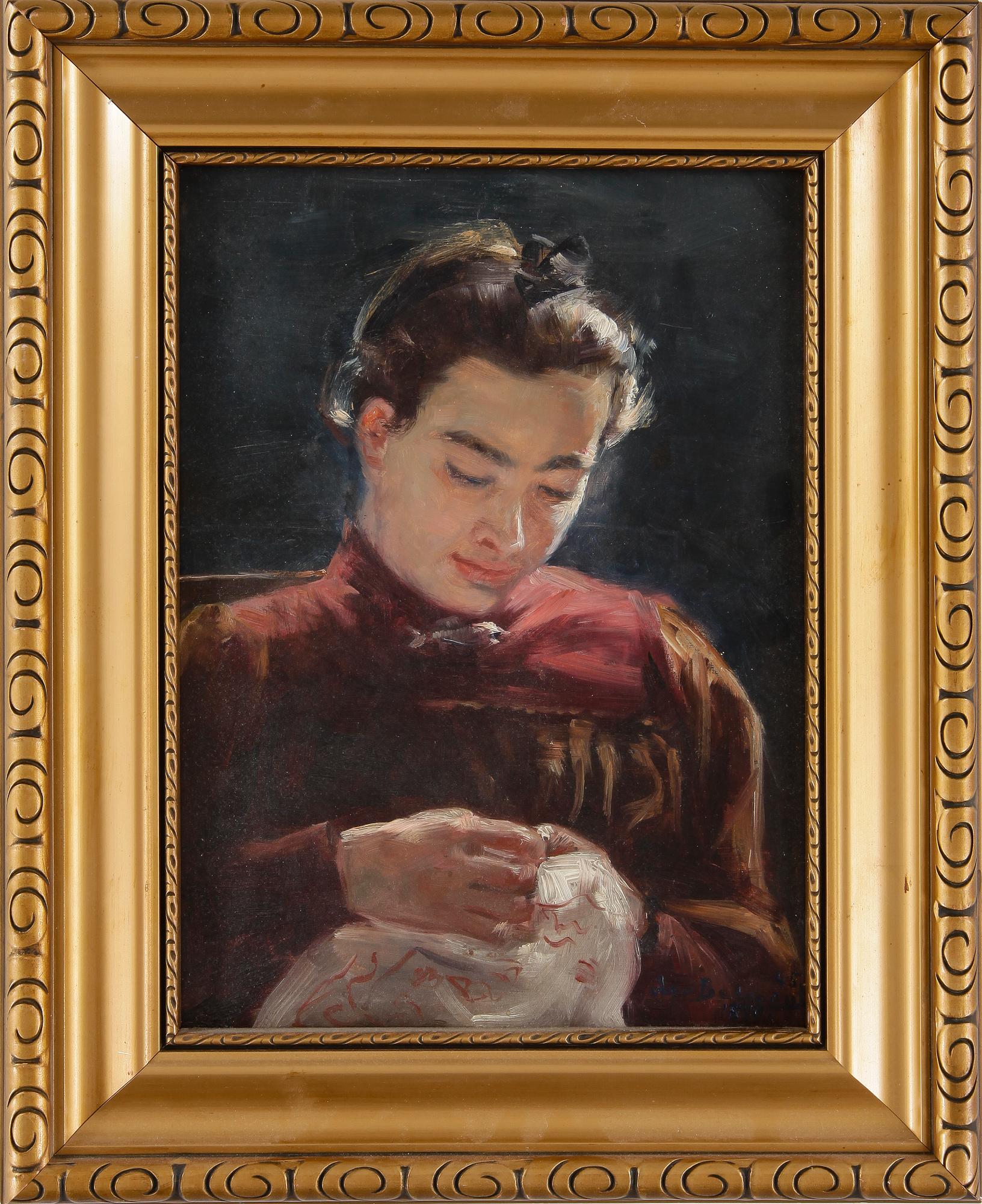 OKÄND KONSTNÄR, olja på pannå, otydligt signerad och daterad 1890.