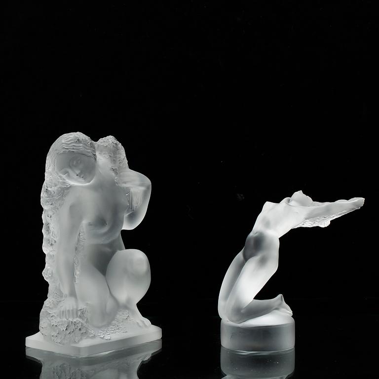 FIGURINER, 2 st, glas, stämplad signatur Lalique France.