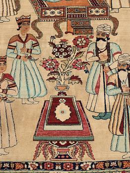 A rug, an antique Kerman Laver figural, ca 204-205 x 138,5-139 cm (as well as ca 0,5 cm flat weave at the the ends).