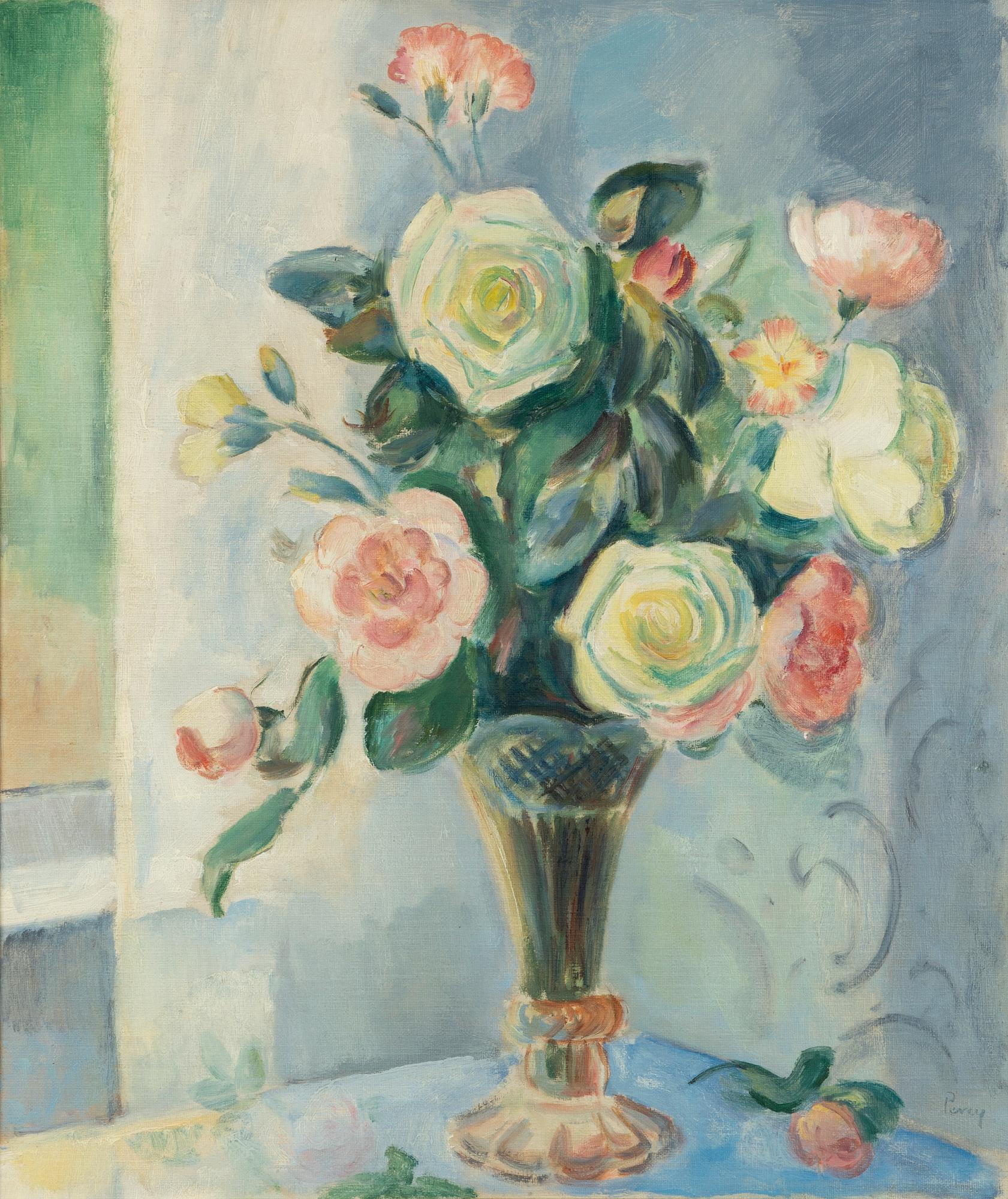 Arthur Percy, Stilleben med rosa och vita blommor i vas.